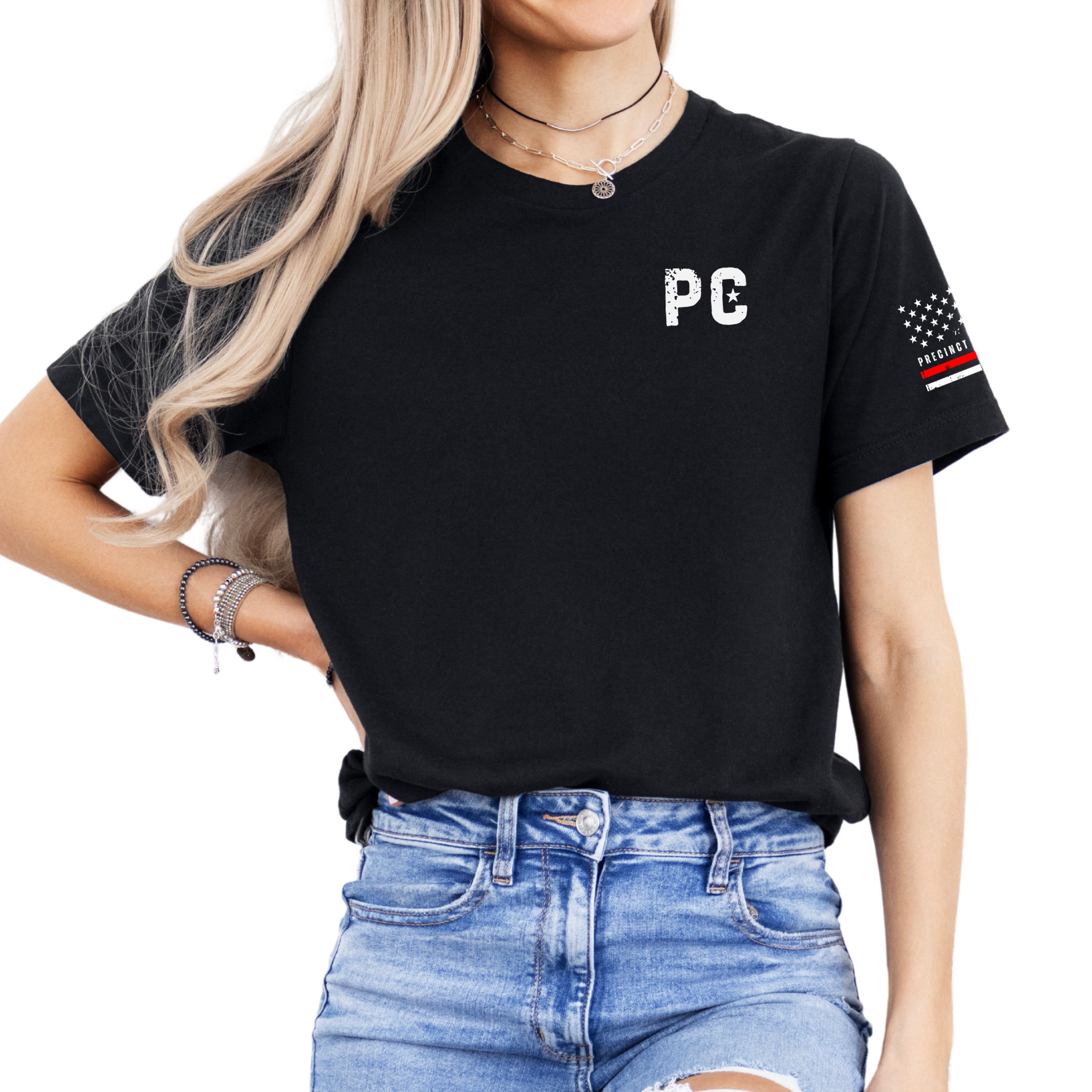 Womens precinct committeewoman worn flag red line tshirt in black front