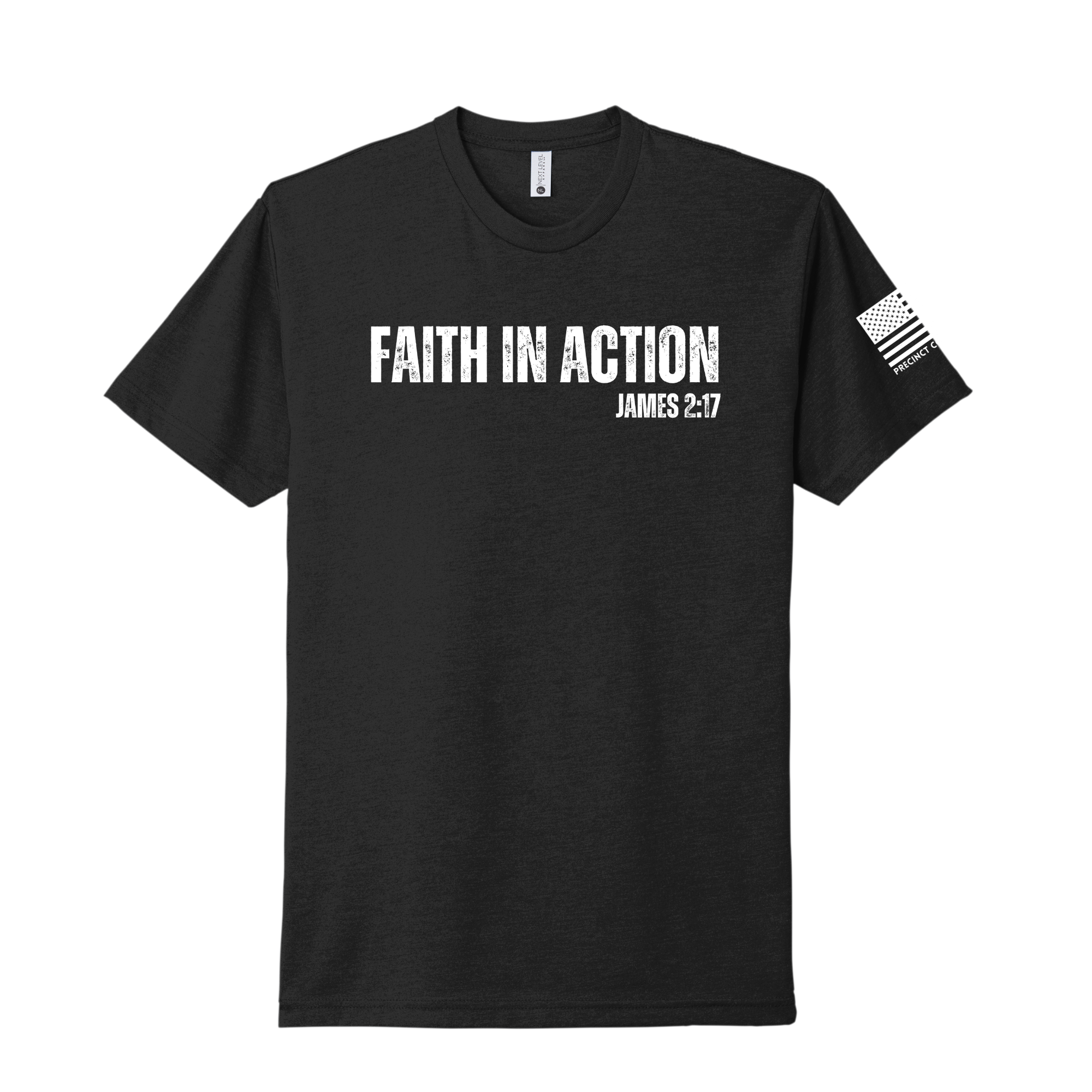 Black t-shirt with 'Faith in Action' text and flag design on sleeve against a white background