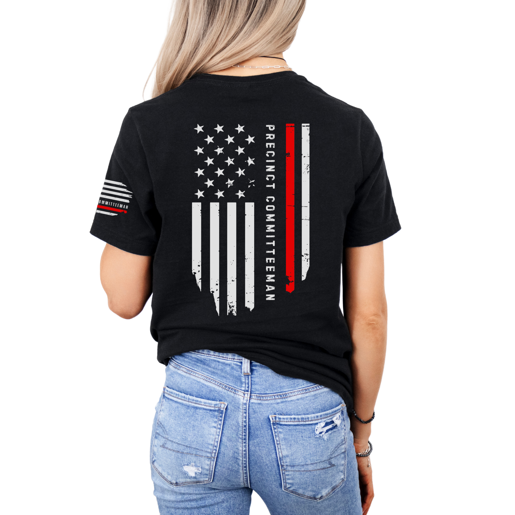 womens precinct committeewoman worn flag red line tshirt black back view
